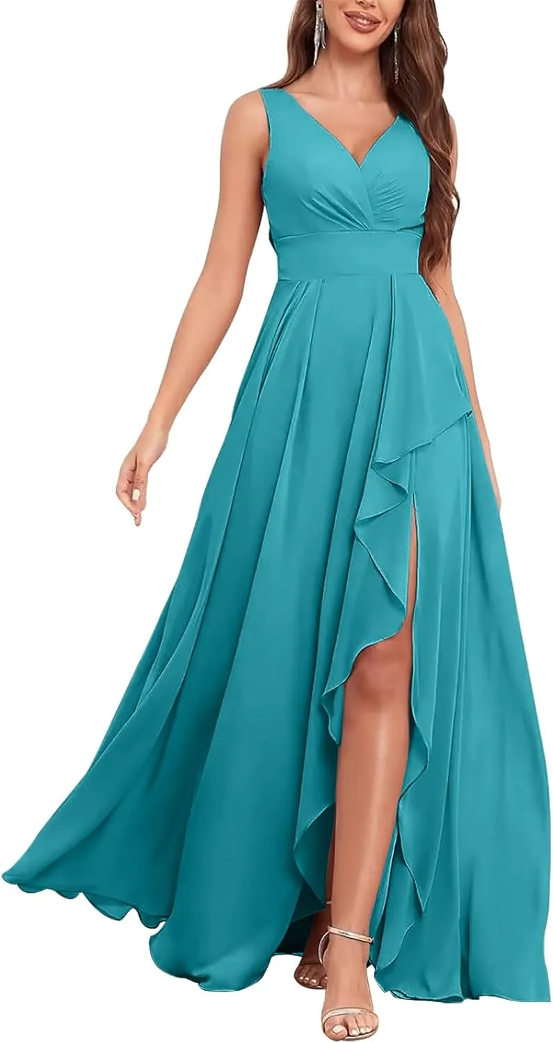 Elegant Chiffon Deep V-Neck Slit Dress - Flowy Layered Ruffled Maxi Gown, Slim-Fit High-Lash Asymmetrical Hem