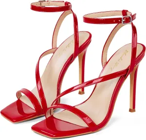 Elisabet Tang Women’s Crystal Stilettos Heeled Sandals, 4 Inch Square Open Toe Strappy Sexy High Heels Ankle Strap Buckle Heels for Party Wedding Dress Daily Wear Shoes