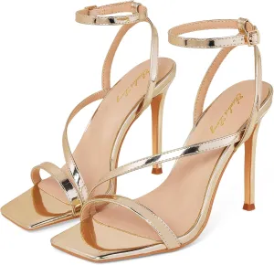 Elisabet Tang Women’s Crystal Stilettos Heeled Sandals, 4 Inch Square Open Toe Strappy Sexy High Heels Ankle Strap Buckle Heels for Party Wedding Dress Daily Wear Shoes