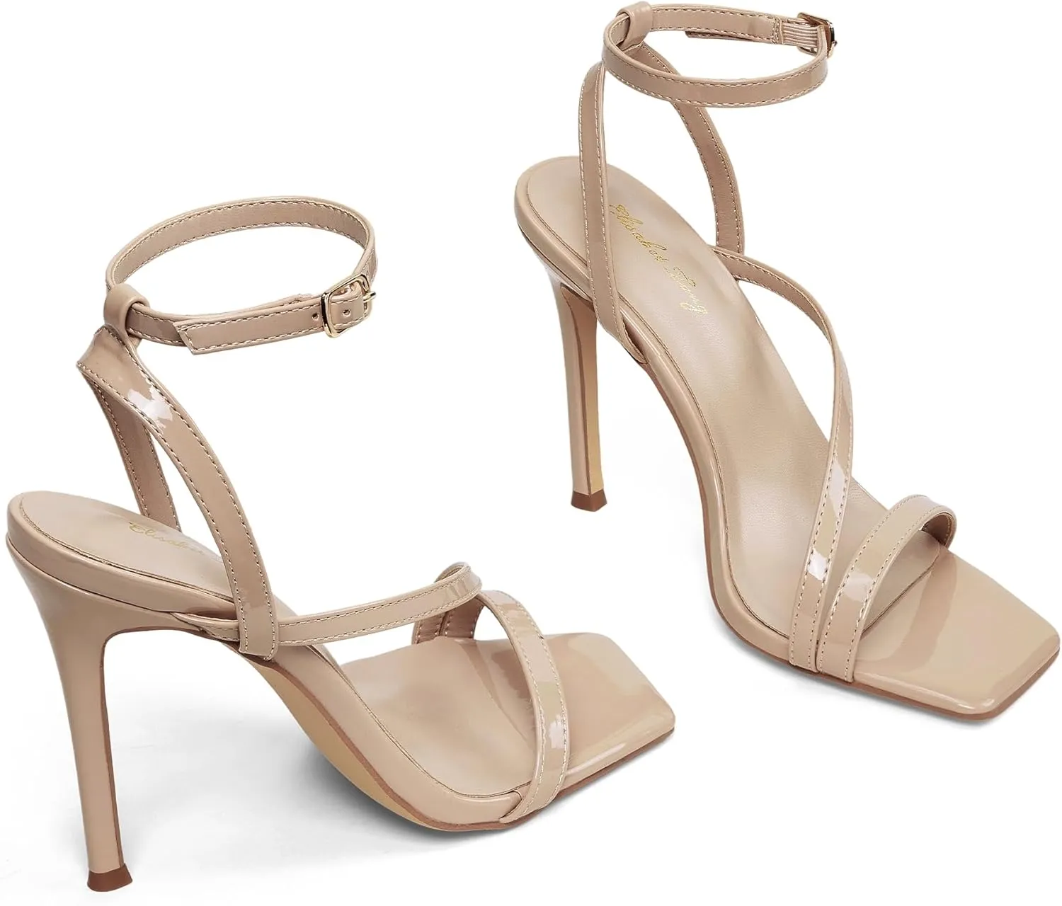 Elisabet Tang Women’s Crystal Stilettos Heeled Sandals, 4 Inch Square Open Toe Strappy Sexy High Heels Ankle Strap Buckle Heels for Party Wedding Dress Daily Wear Shoes