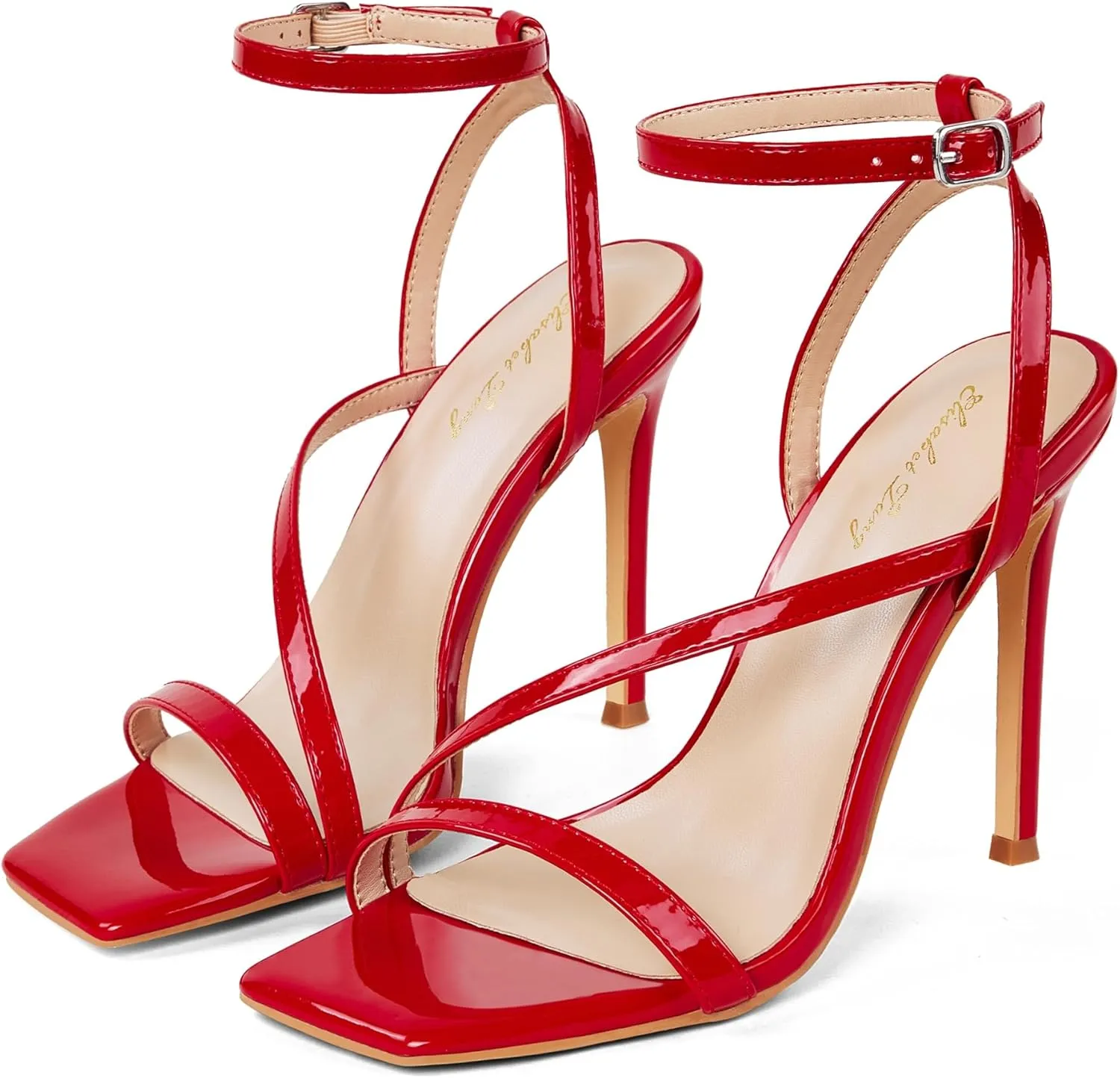 Elisabet Tang Women’s Crystal Stilettos Heeled Sandals, 4 Inch Square Open Toe Strappy Sexy High Heels Ankle Strap Buckle Heels for Party Wedding Dress Daily Wear Shoes