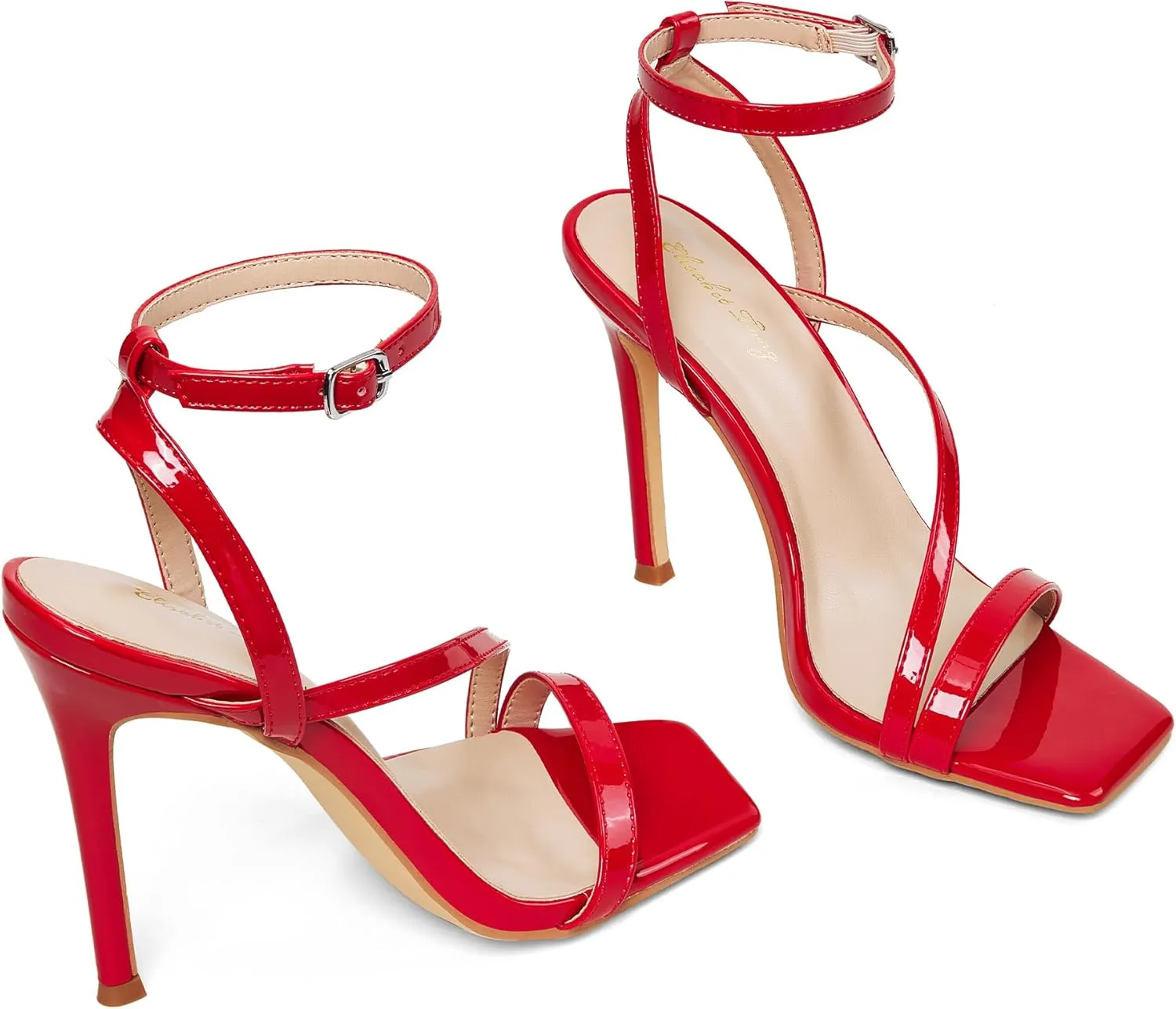 Elisabet Tang Women’s Crystal Stilettos Heeled Sandals, 4 Inch Square Open Toe Strappy Sexy High Heels Ankle Strap Buckle Heels for Party Wedding Dress Daily Wear Shoes