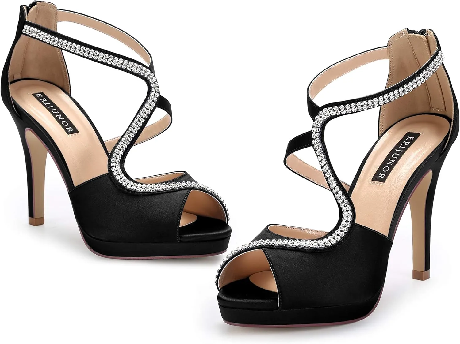 ERIJUNOR High Heel Sandals Peep Toe S-Strap Prom Wedding Evening Shoes