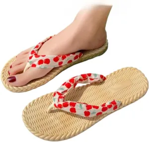 Espadrilles Flip Flop Cute Fruits Cherry Slippers for Women – Lightweight Cute Flat Water Sandals, Non-Slip Open Toe Thong, Dressy Chunky Summer Vacation Shoes for Beach Pool Spa