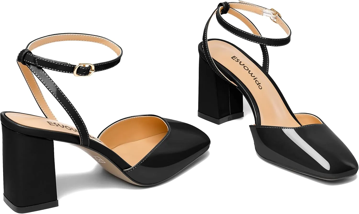 Esvowido Women's Slingback Chunky Heel Block High Heel Pumps Square Toe Adjustable Ankle Strap Sandals Wedding Party Elegant Dress Shoes