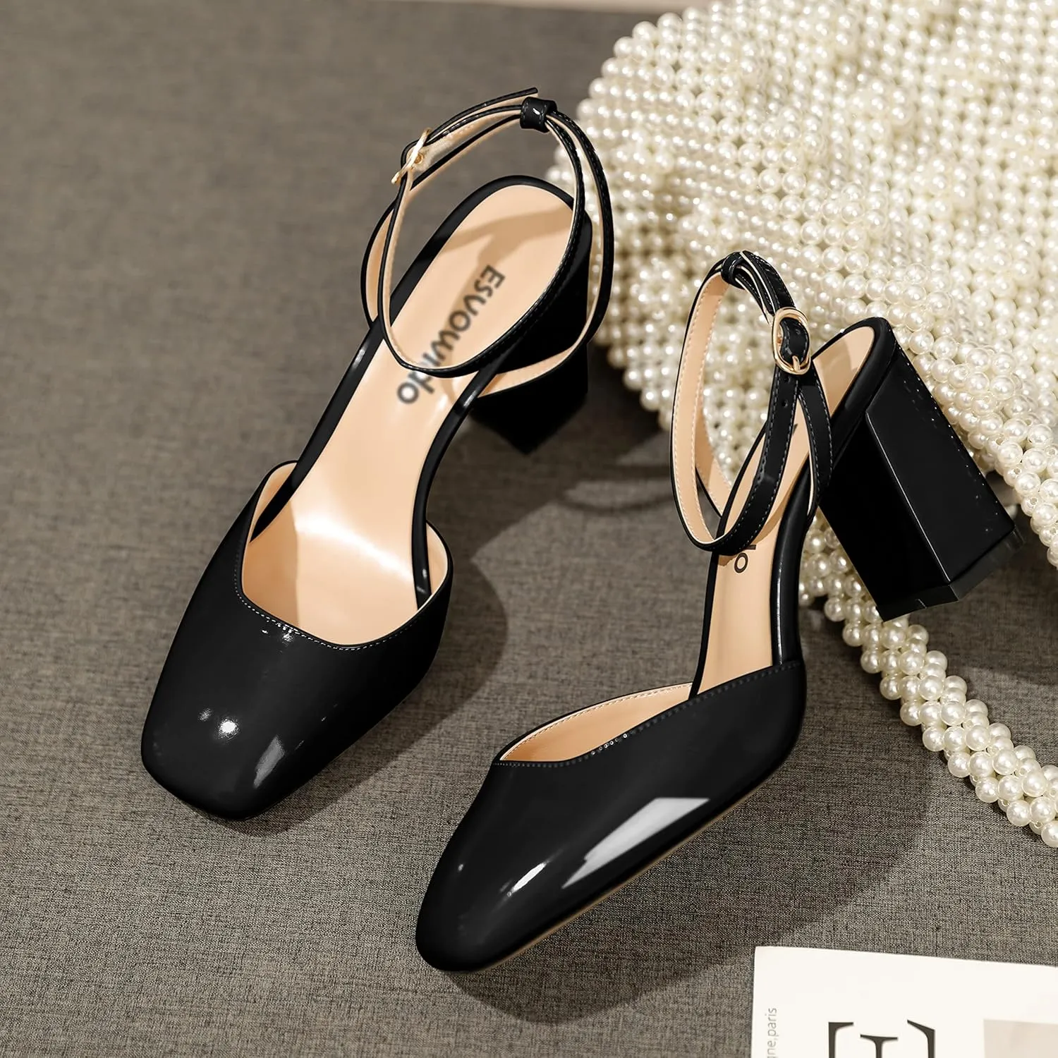 Esvowido Women's Slingback Chunky Heel Block High Heel Pumps Square Toe Adjustable Ankle Strap Sandals Wedding Party Elegant Dress Shoes