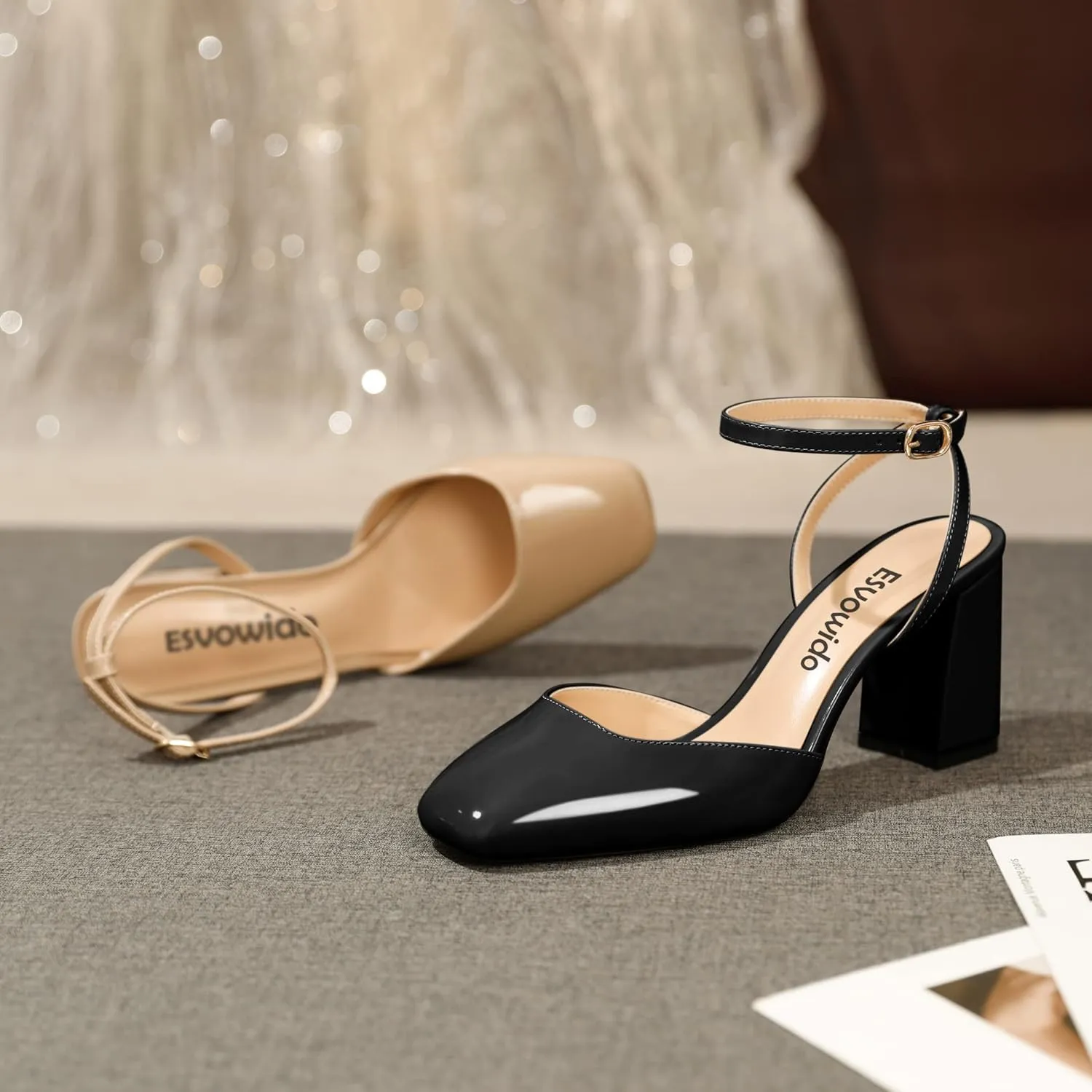 Esvowido Women's Slingback Chunky Heel Block High Heel Pumps Square Toe Adjustable Ankle Strap Sandals Wedding Party Elegant Dress Shoes