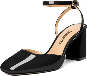 Esvowido Women's Slingback Chunky Heel Block High Heel Pumps Square Toe Adjustable Ankle Strap Sandals Wedding Party Elegant Dress Shoes