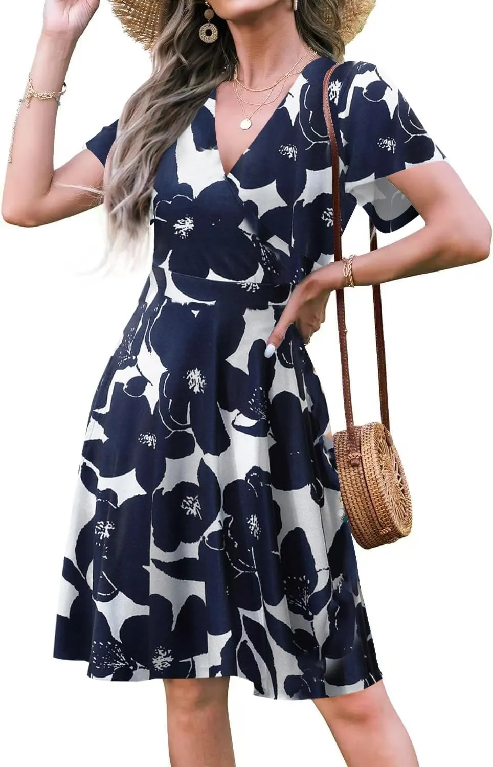 ETCYY NEW Womens Summer Dresses Slant Open V Neck Floral Printed Sundresses Flowy Dress Short Sleeve