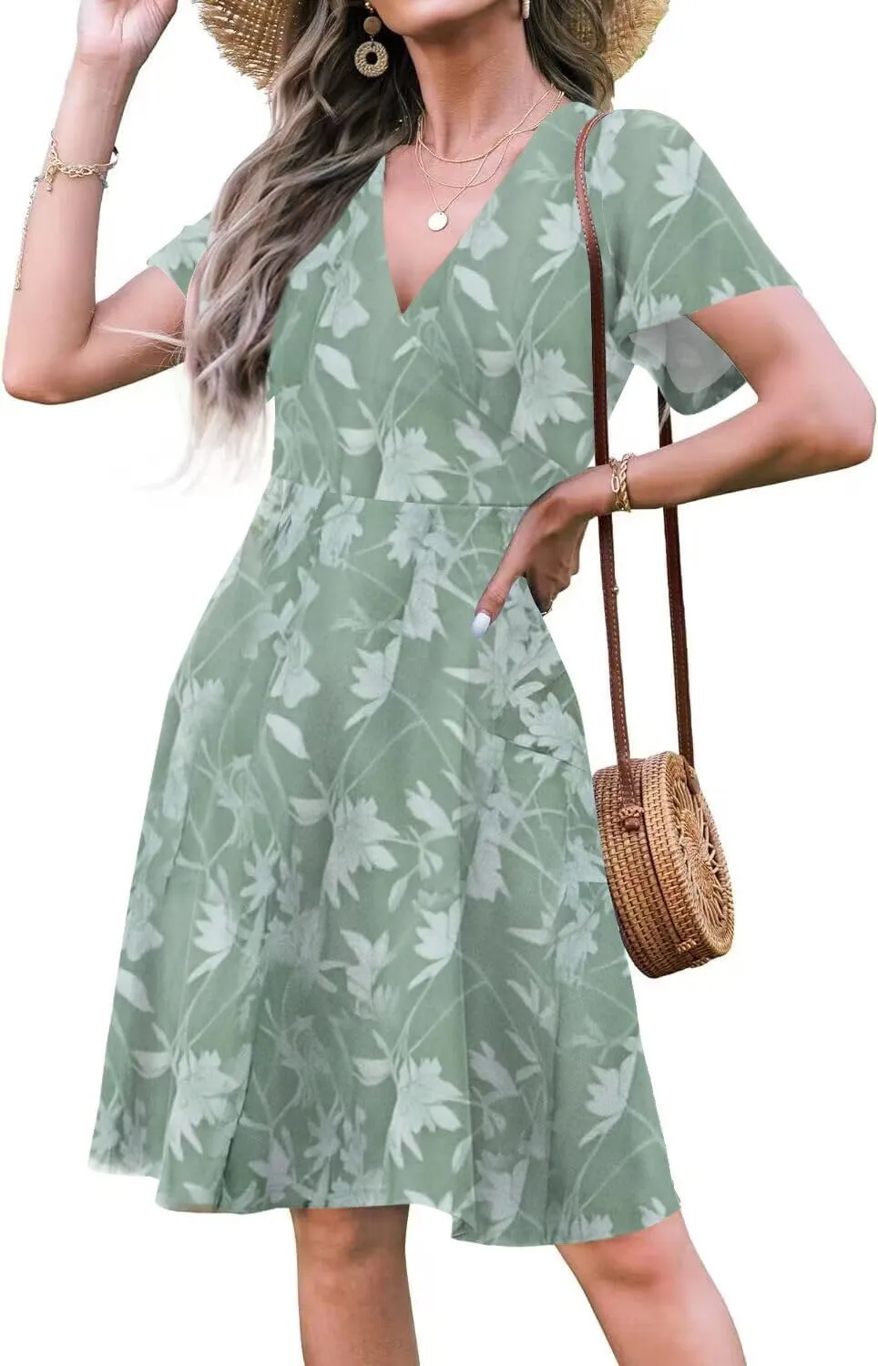 ETCYY NEW Womens Summer Dresses Slant Open V Neck Floral Printed Sundresses Flowy Dress Short Sleeve