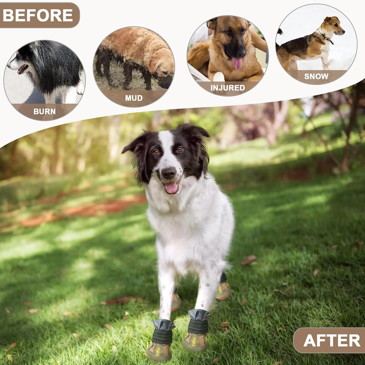 EXPAWLORER Anti-Slip Dog Shoes - 4PCS Waterproof Dog Boots with Reflective Straps for Outdoor Hiking, Dog Paw Protectors for Hot Pavement Winter Snow, Non Slip Dog Booties for Small Medium Large Dogs