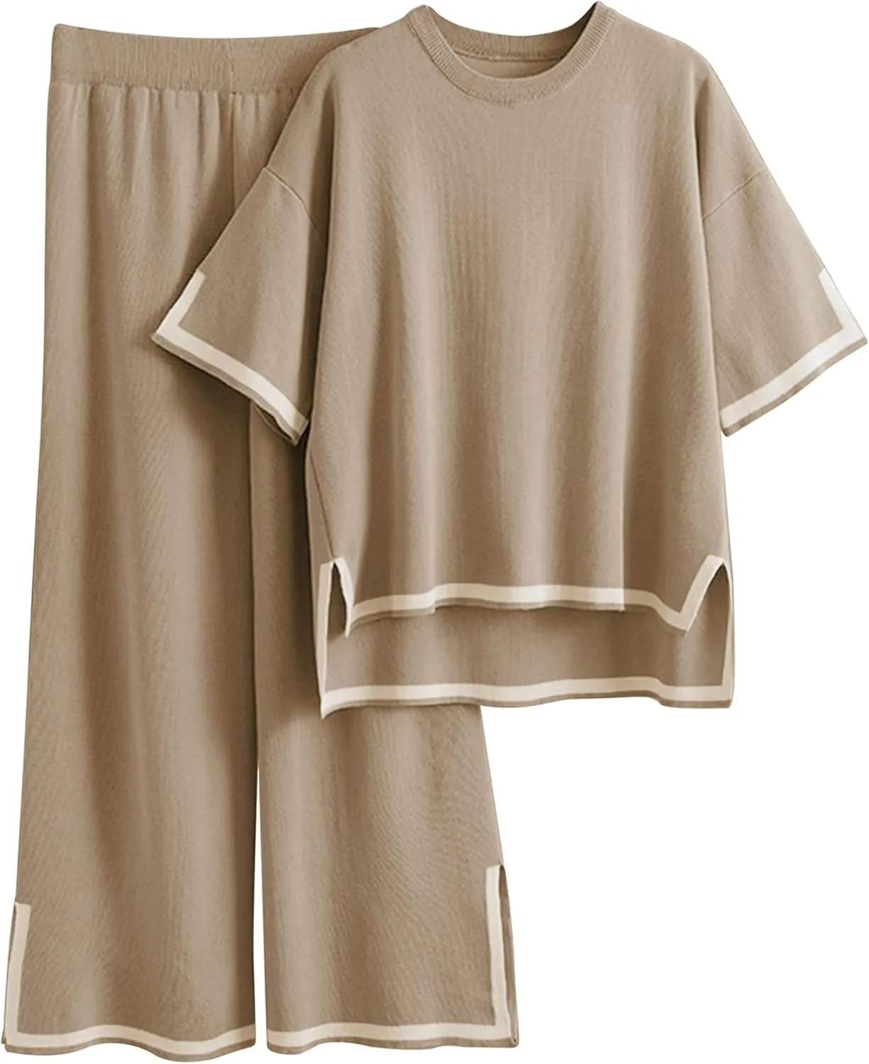 Faleave Womens Knit 2 Piece Sweater Sets Short Sleeve Pullover Tops Elastic Waist Wide Leg Pants Lounge Set
