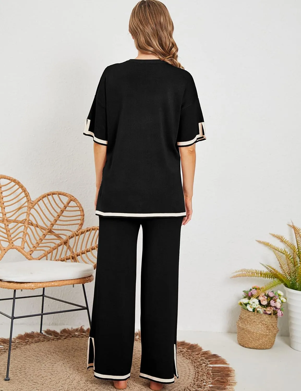Faleave Womens Knit 2 Piece Sweater Sets Short Sleeve Pullover Tops Elastic Waist Wide Leg Pants Lounge Set