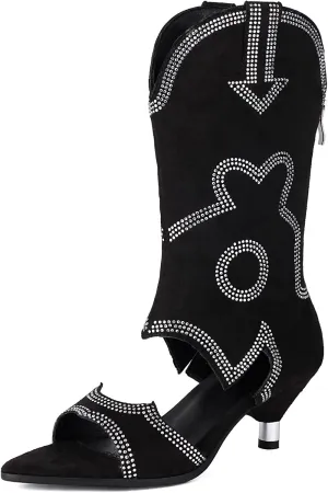Fashion Faux Suede Crystal Summer Boots for Women Pointed Open Toe Embroider Sparkly Rhinestone Booties