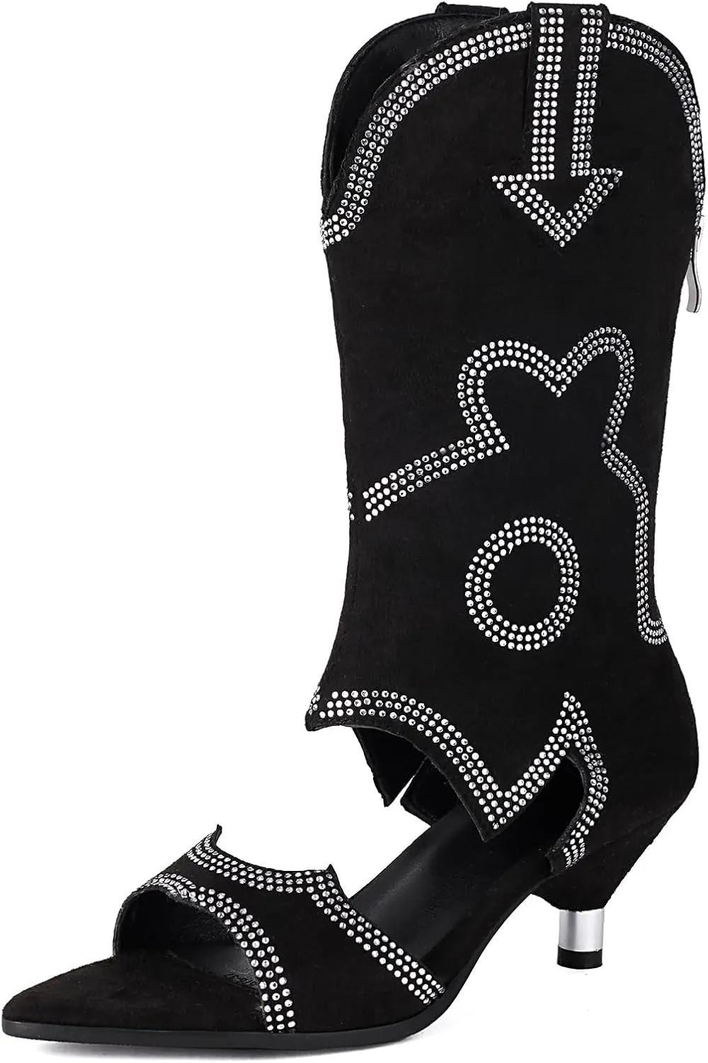 Fashion Faux Suede Crystal Summer Boots for Women Pointed Open Toe Embroider Sparkly Rhinestone Booties