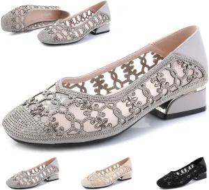 Fashion Rhinestones Net Yarn Low Chunky Heels Pumps for Women Round Toe Hollow Out Slip on Loafers Sandals Comfortable Non-Slip Soft Sole Formal Dress Shoes