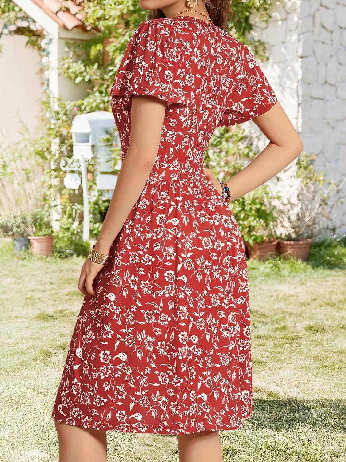 FENSACE Summer Short Sleeve V Neck Dress A Line Elegant Floral Midi Sundresses with Pockets