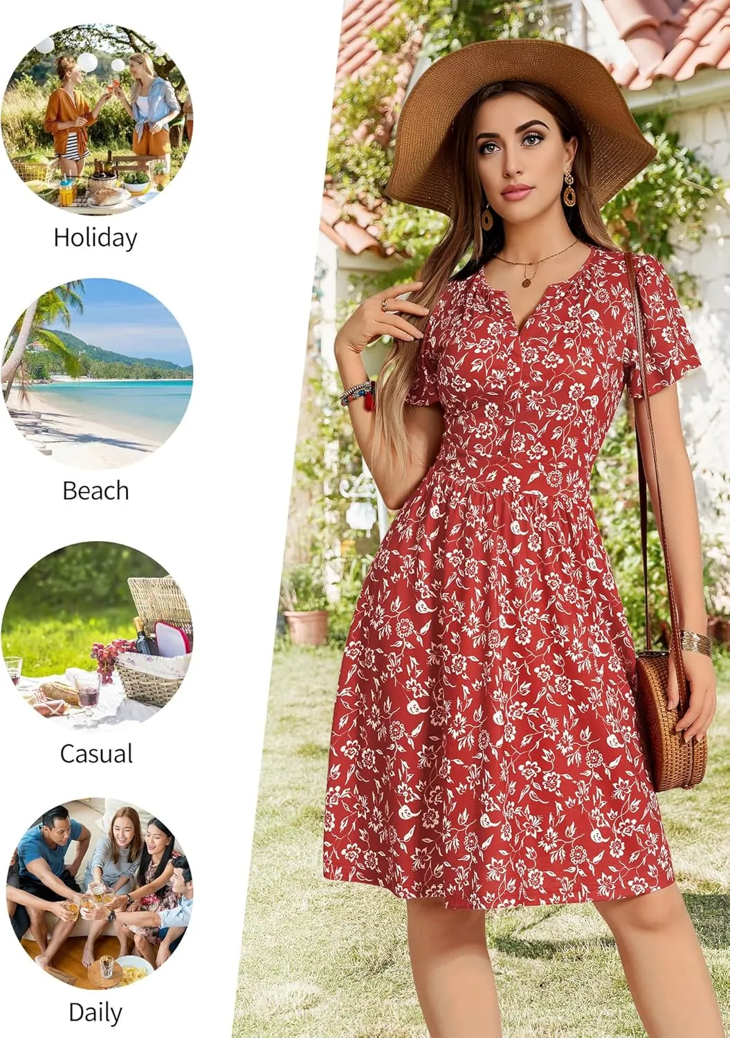 FENSACE Summer Short Sleeve V Neck Dress A Line Elegant Floral Midi Sundresses with Pockets