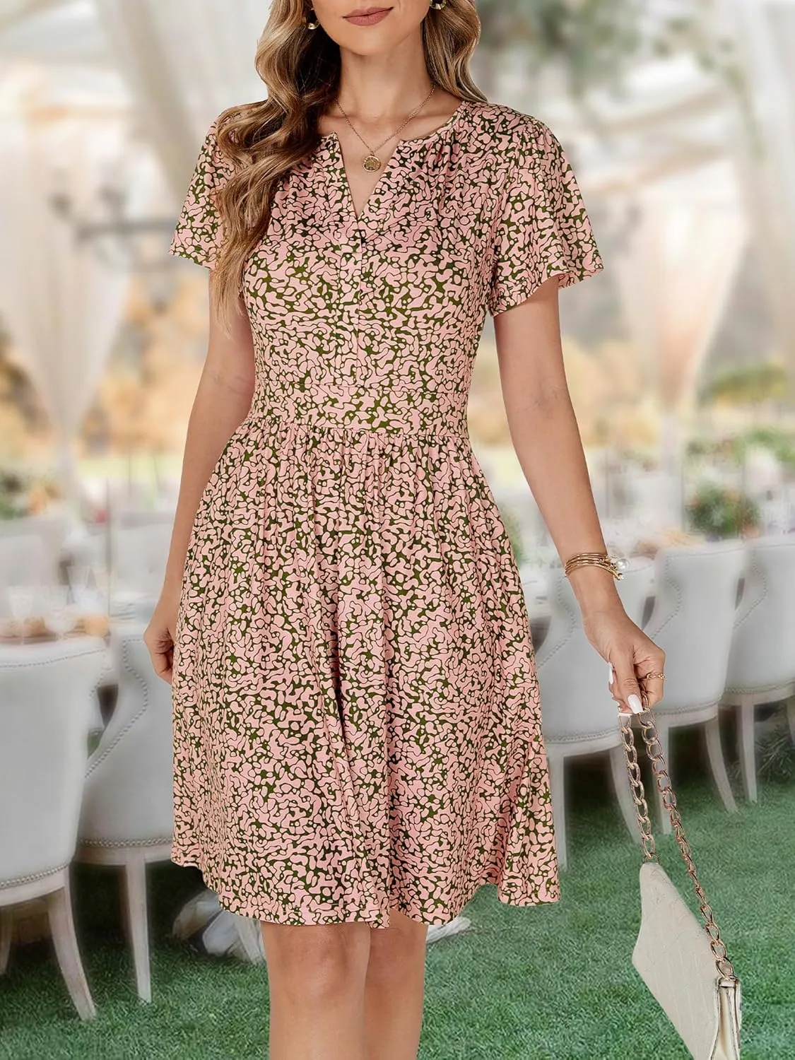 FENSACE Summer Short Sleeve V Neck Dress A Line Elegant Floral Midi Sundresses with Pockets