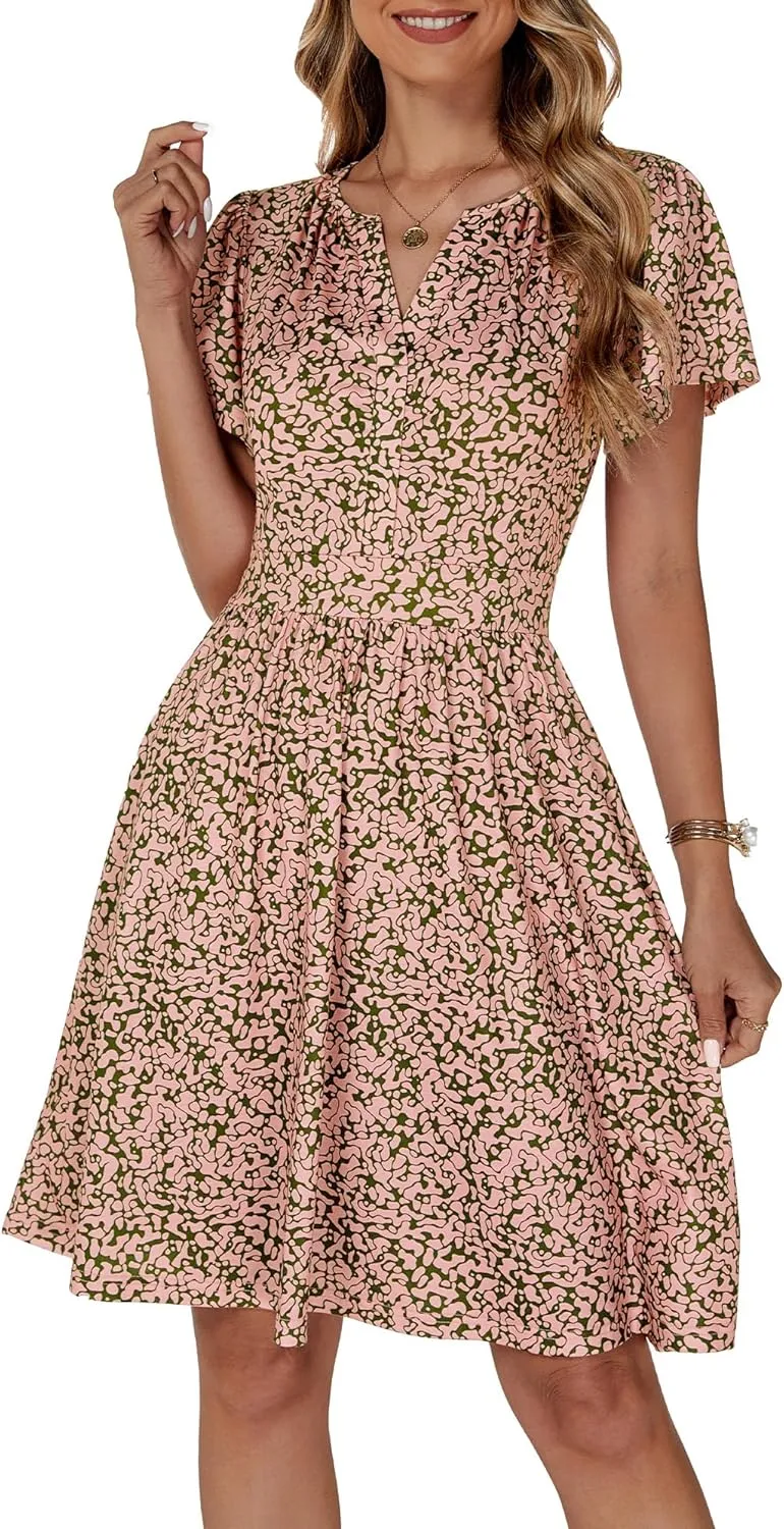 FENSACE Summer Short Sleeve V Neck Dress A Line Elegant Floral Midi Sundresses with Pockets
