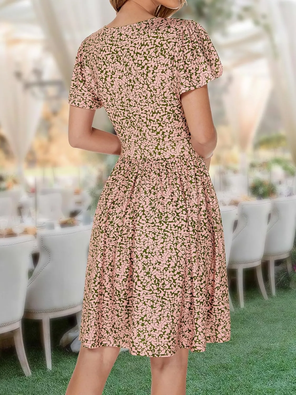 FENSACE Summer Short Sleeve V Neck Dress A Line Elegant Floral Midi Sundresses with Pockets