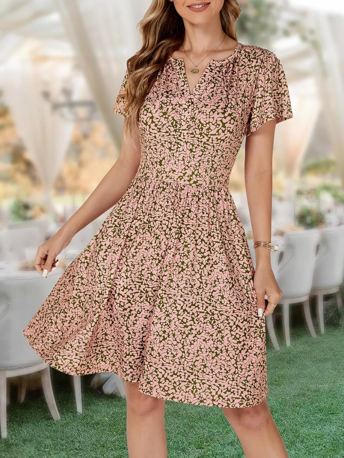 FENSACE Summer Short Sleeve V Neck Dress A Line Elegant Floral Midi Sundresses with Pockets