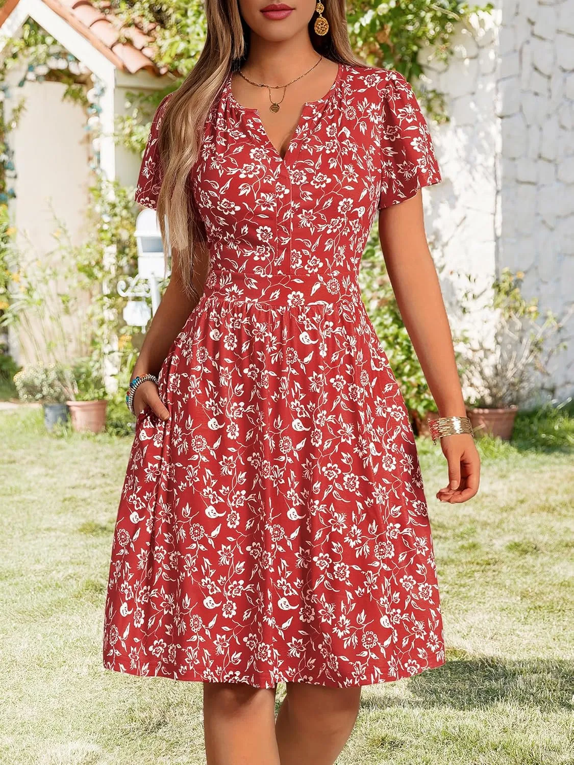 FENSACE Summer Short Sleeve V Neck Dress A Line Elegant Floral Midi Sundresses with Pockets