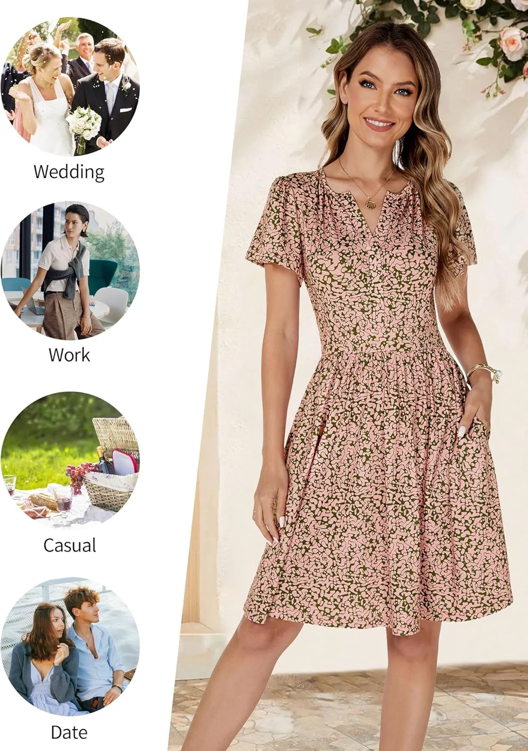 FENSACE Summer Short Sleeve V Neck Dress A Line Elegant Floral Midi Sundresses with Pockets