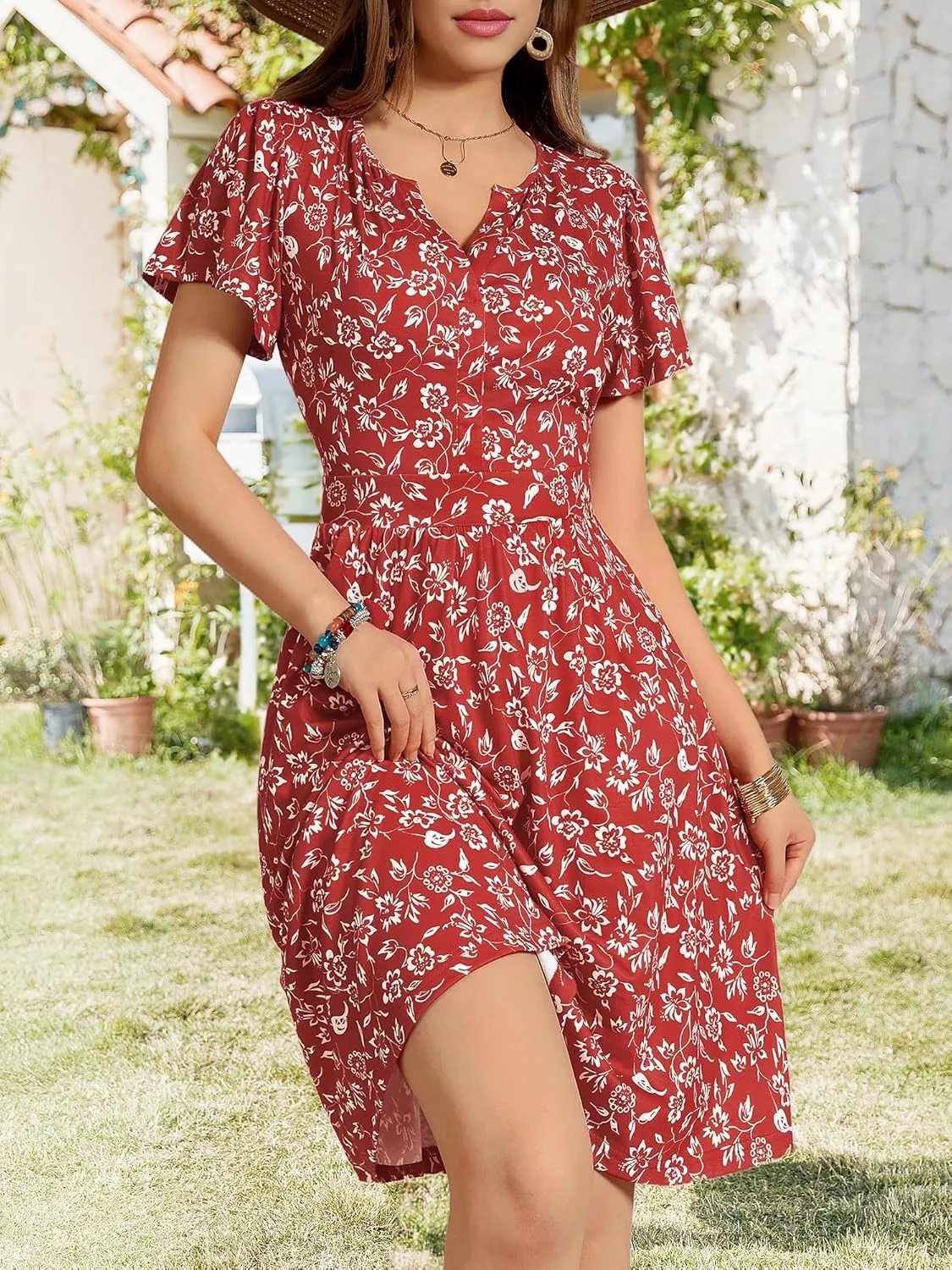 FENSACE Summer Short Sleeve V Neck Dress A Line Elegant Floral Midi Sundresses with Pockets