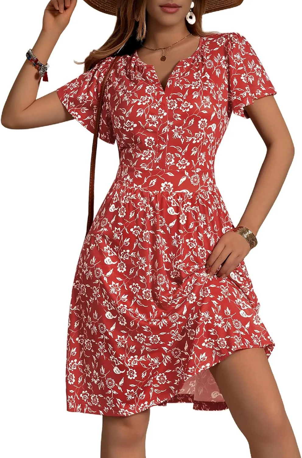 FENSACE Summer Short Sleeve V Neck Dress A Line Elegant Floral Midi Sundresses with Pockets