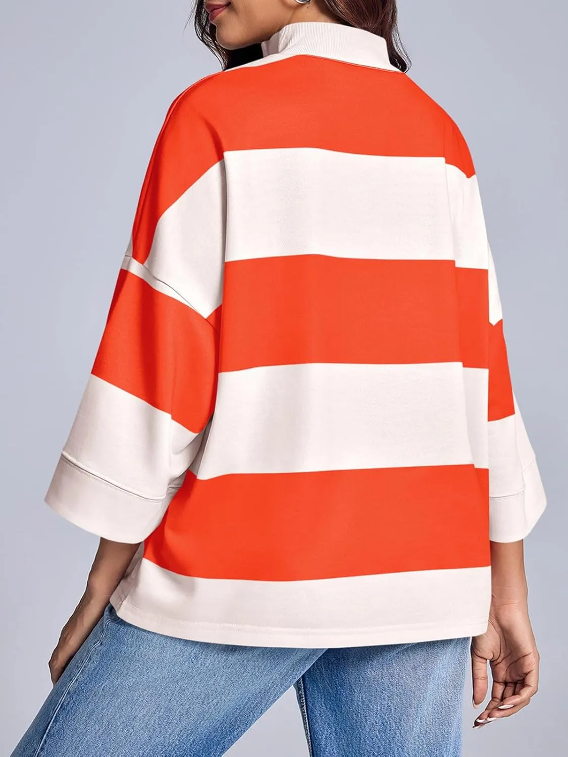 Fisoew Women's Color Block Oversized Sweatshirts Half Zip Striped 3/4 Sleeve Casual Pullover Tops