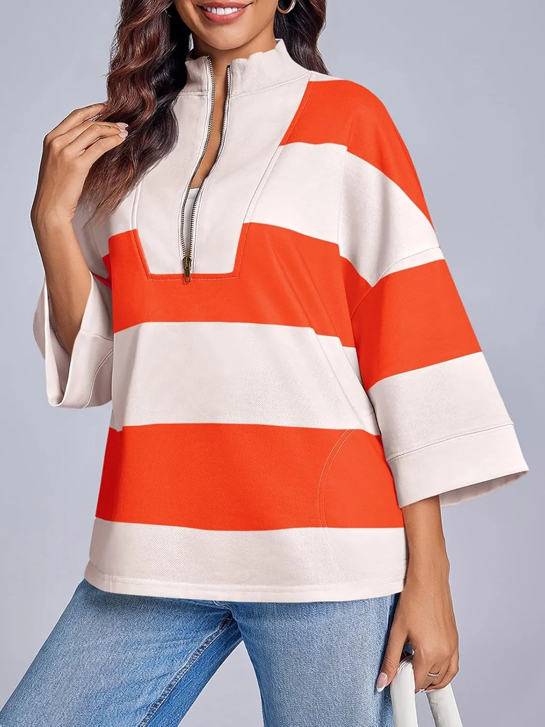 Fisoew Women's Color Block Oversized Sweatshirts Half Zip Striped 3/4 Sleeve Casual Pullover Tops
