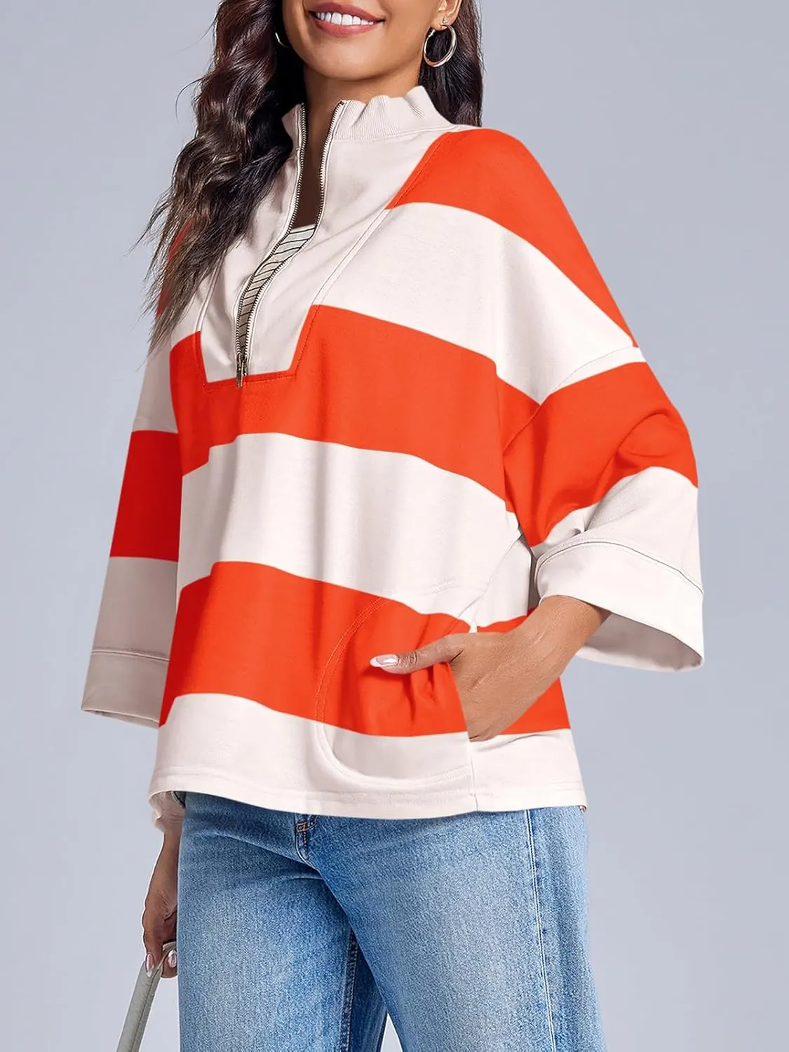 Fisoew Women's Color Block Oversized Sweatshirts Half Zip Striped 3/4 Sleeve Casual Pullover Tops
