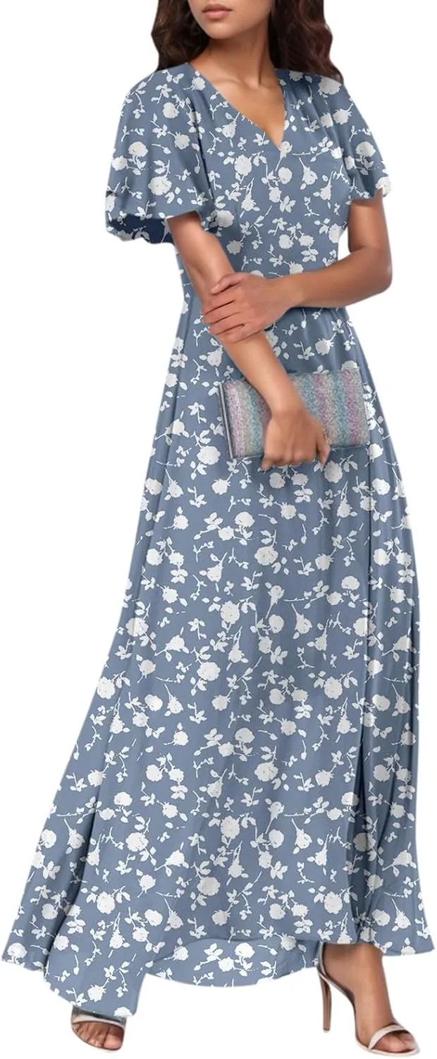 Floral Maxi Dresses for Women 2025 Summer Long Chiffon Elegant Flowy Dresses Spring Casual Wedding Guest Dress