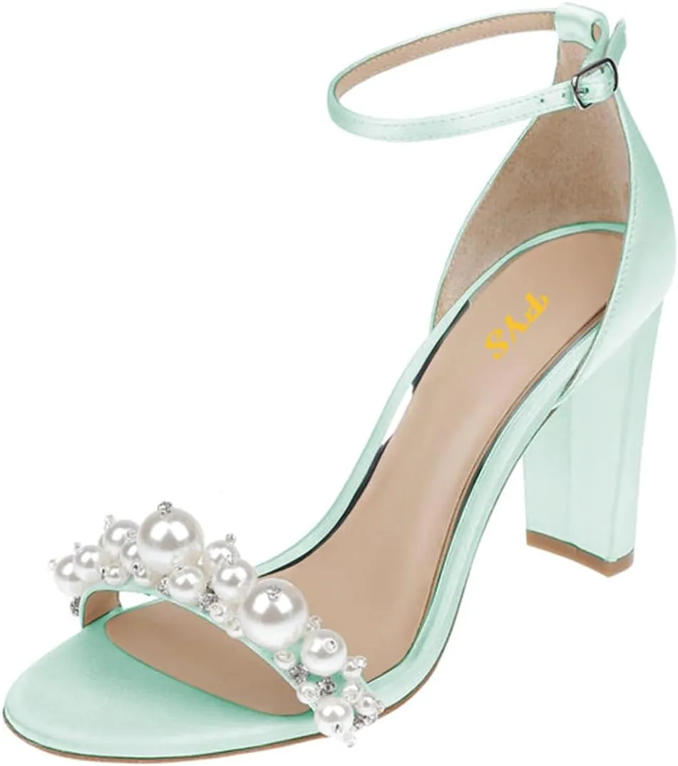 FYS Women's Open Toe Pearl Studded Sandals Ankle Strap Chunky Block High Heels Elegant Prom Wedding Evening Shoes Size 4-16 US