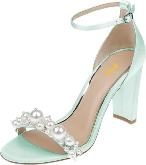 FYS Women's Open Toe Pearl Studded Sandals Ankle Strap Chunky Block High Heels Elegant Prom Wedding Evening Shoes Size 4-16 US
