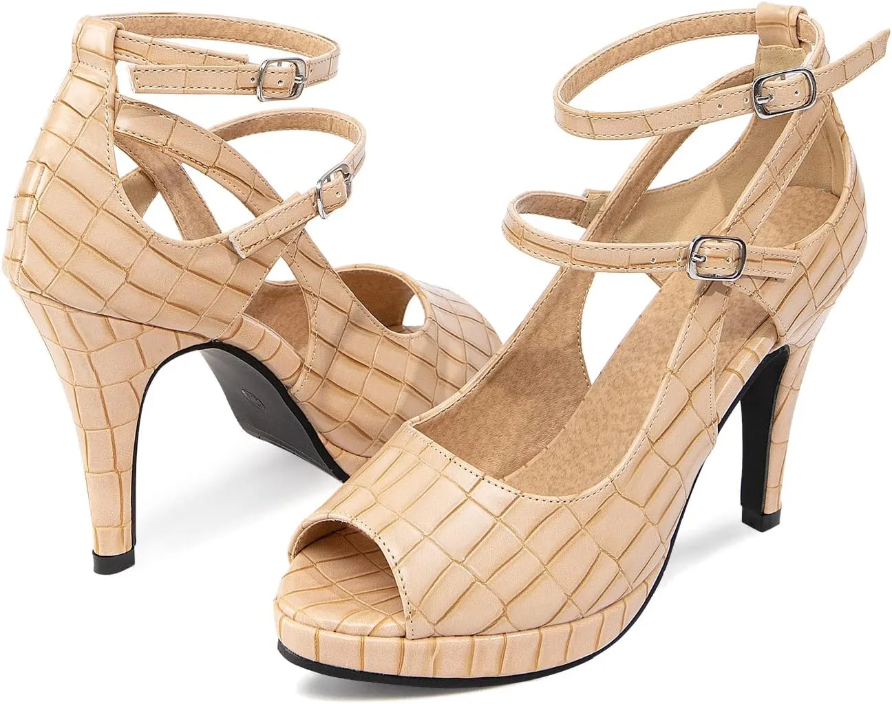 GATUXUS Women's Block High Heel Sandals Ankle Double Strappy Open Toe Platform Heels Dress Shoes