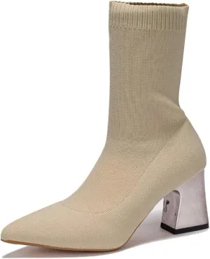GATUXUS Women's Chunky High Heel Ankle Boots Pointed Toe Mid Calf Knitting Sock Booties Warm Shoes