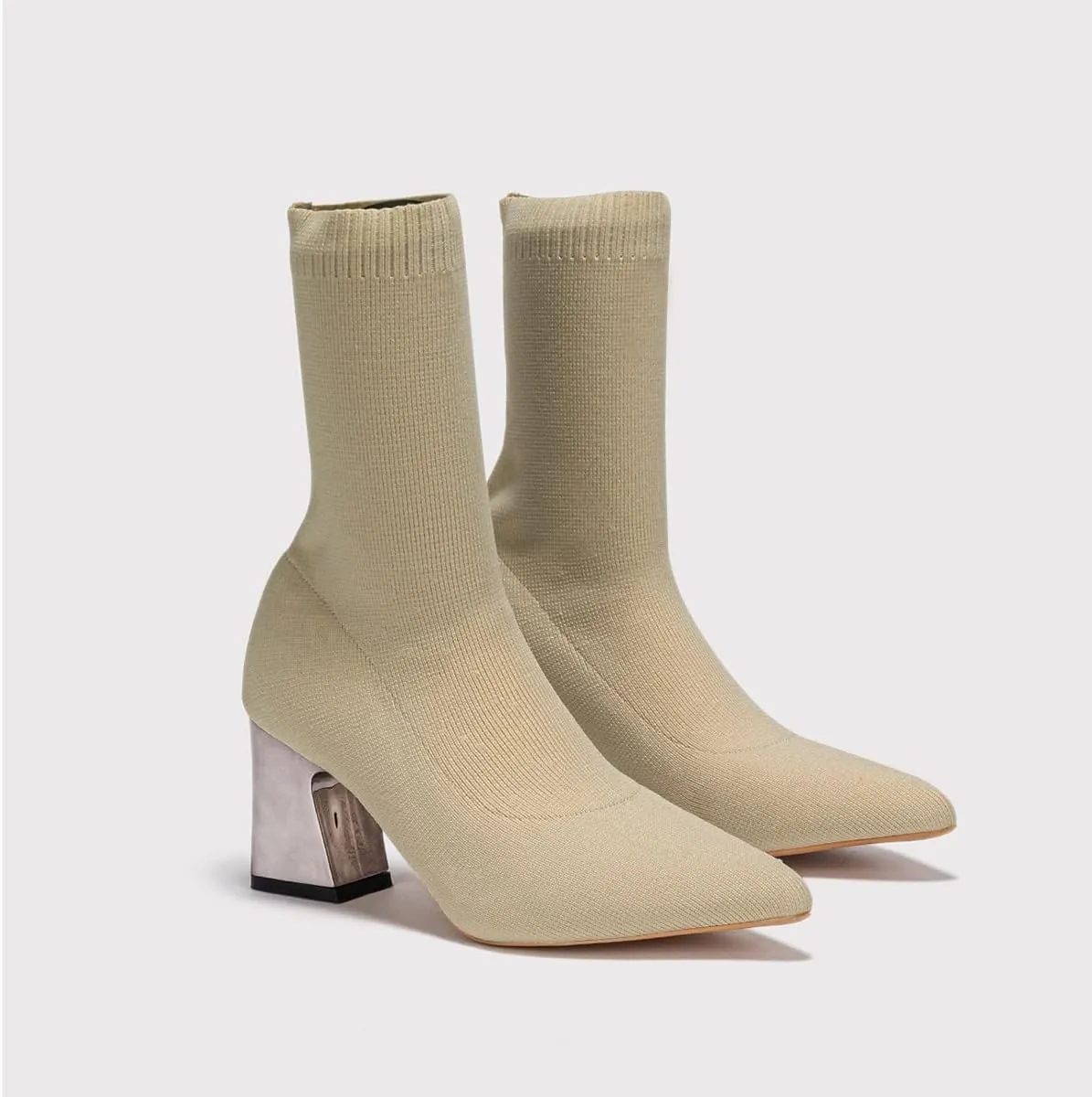 GATUXUS Women's Chunky High Heel Ankle Boots Pointed Toe Mid Calf Knitting Sock Booties Warm Shoes