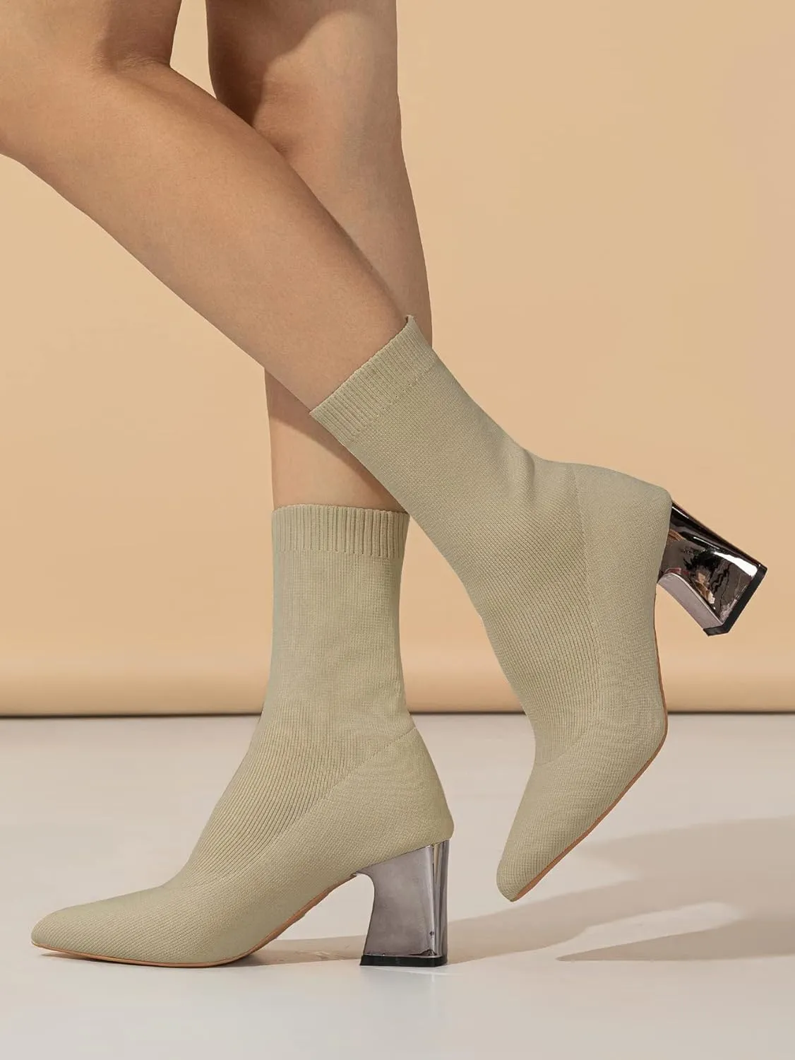 GATUXUS Women's Chunky High Heel Ankle Boots Pointed Toe Mid Calf Knitting Sock Booties Warm Shoes