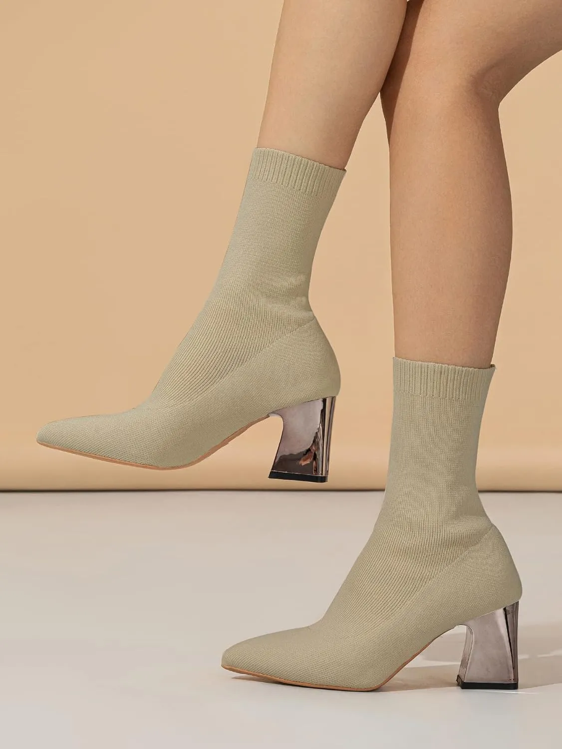 GATUXUS Women's Chunky High Heel Ankle Boots Pointed Toe Mid Calf Knitting Sock Booties Warm Shoes