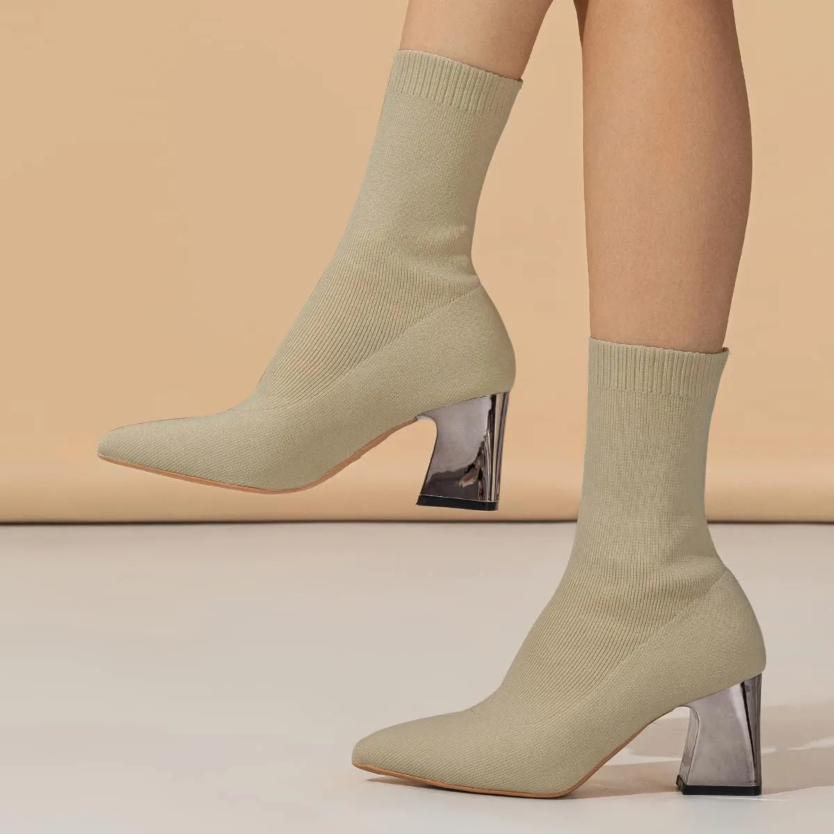 GATUXUS Women's Chunky High Heel Ankle Boots Pointed Toe Mid Calf Knitting Sock Booties Warm Shoes
