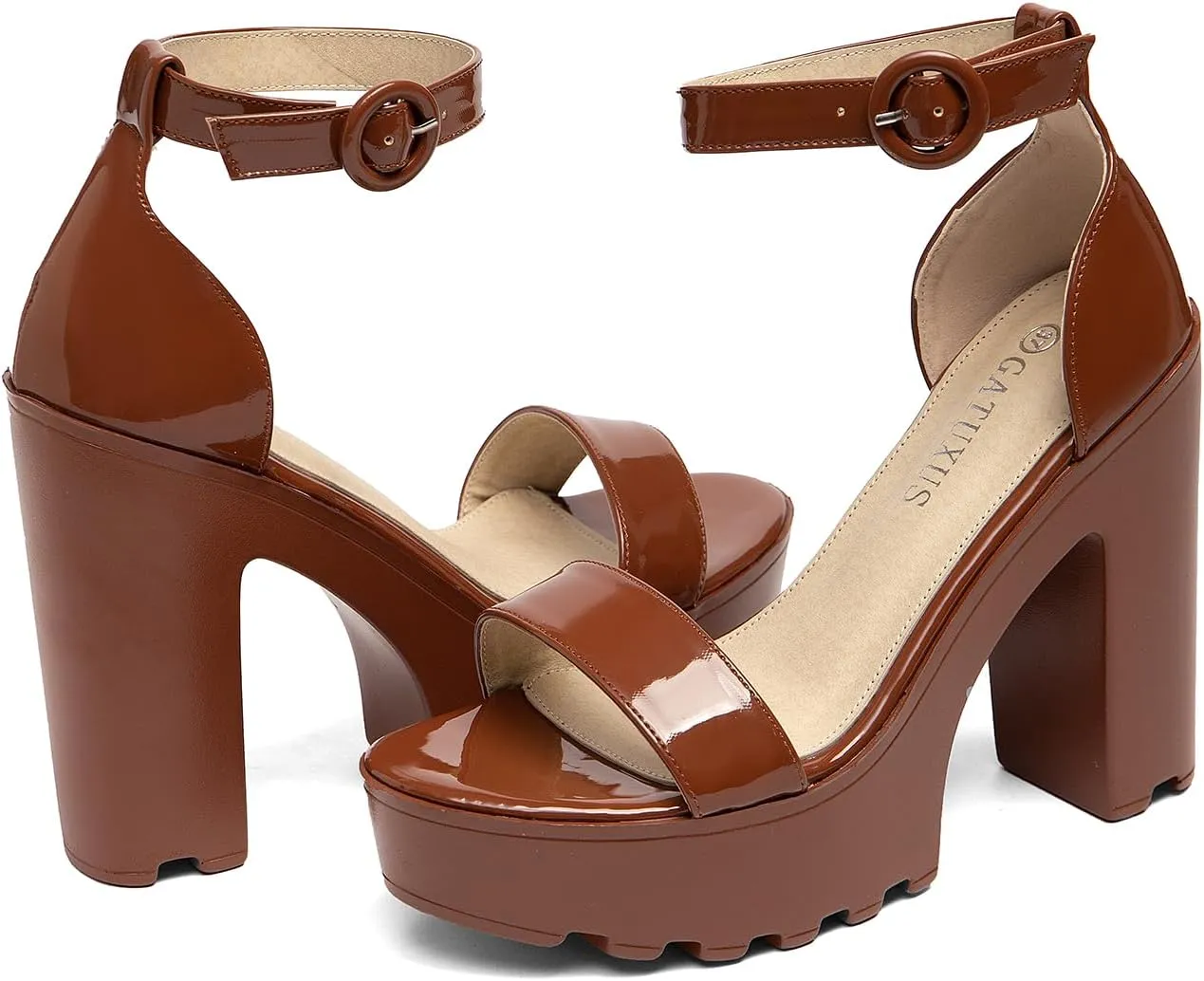 GATUXUS Women's Platform Block High Heels Sandals Open Toe Ankle Strap Lug sole Chunky Heels Sexy Dress Shoes