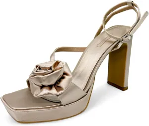 Gemmify Gold High Heel Sandals with Floral Embellishment – Elegant Party Sandals for Weddings and Formal Events – Platform Heels for Women with Square Toe and Thick Heel