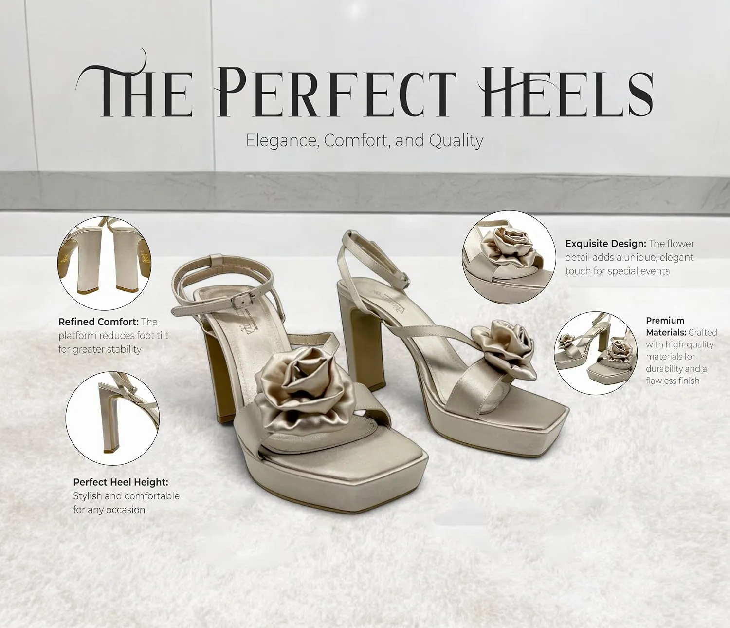 Gemmify Gold High Heel Sandals with Floral Embellishment – Elegant Party Sandals for Weddings and Formal Events – Platform Heels for Women with Square Toe and Thick Heel