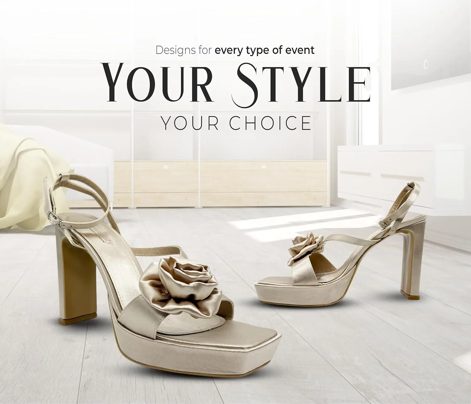 Gemmify Gold High Heel Sandals with Floral Embellishment – Elegant Party Sandals for Weddings and Formal Events – Platform Heels for Women with Square Toe and Thick Heel