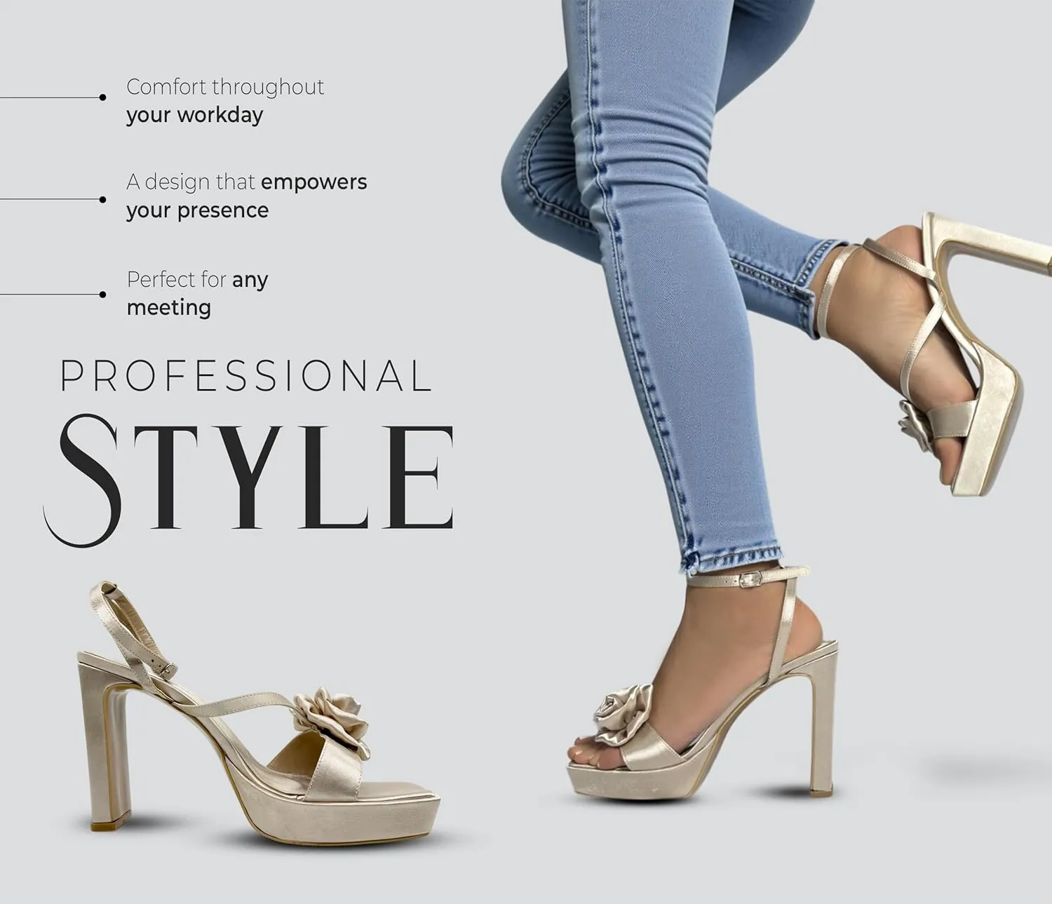 Gemmify Gold High Heel Sandals with Floral Embellishment – Elegant Party Sandals for Weddings and Formal Events – Platform Heels for Women with Square Toe and Thick Heel