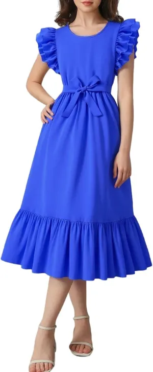 Girls Dresses Double Layer Ruffle Sleeve Dress Casual Summer Elegant A-Line Flowy Dresses 6-14 Years