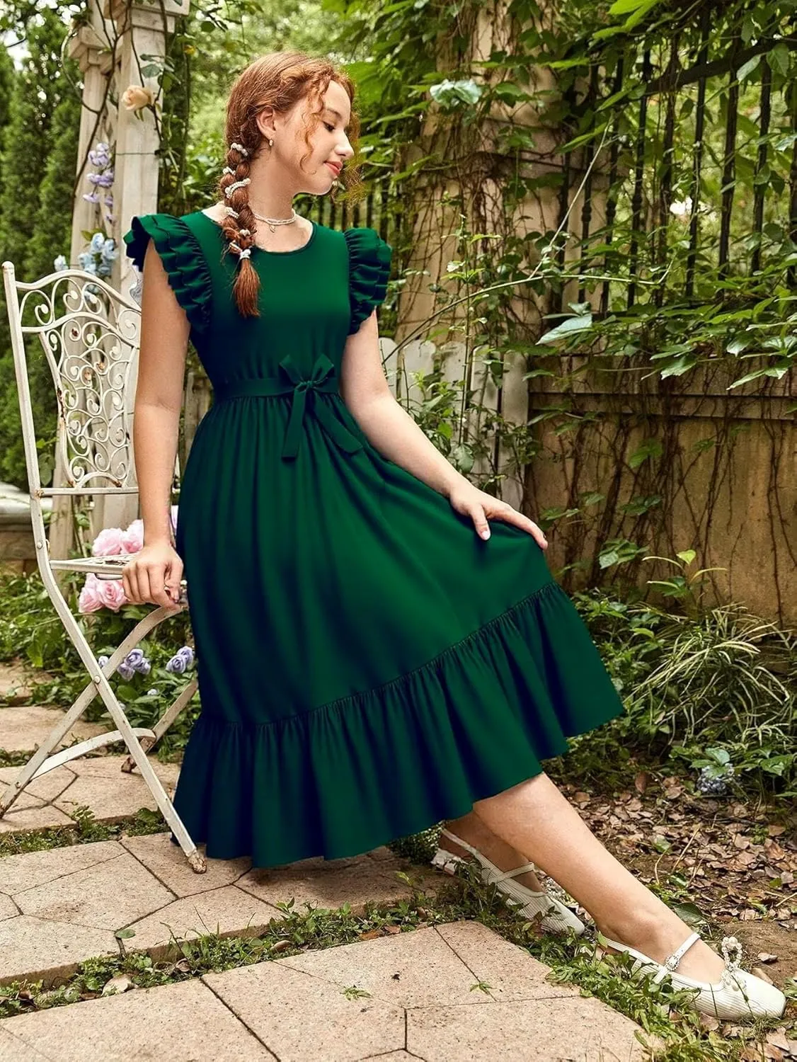 Girls Dresses Double Layer Ruffle Sleeve Dress Casual Summer Elegant A-Line Flowy Dresses 6-14 Years