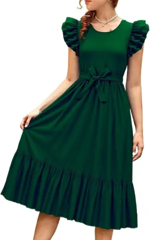 Girls Dresses Double Layer Ruffle Sleeve Dress Casual Summer Elegant A-Line Flowy Dresses 6-14 Years